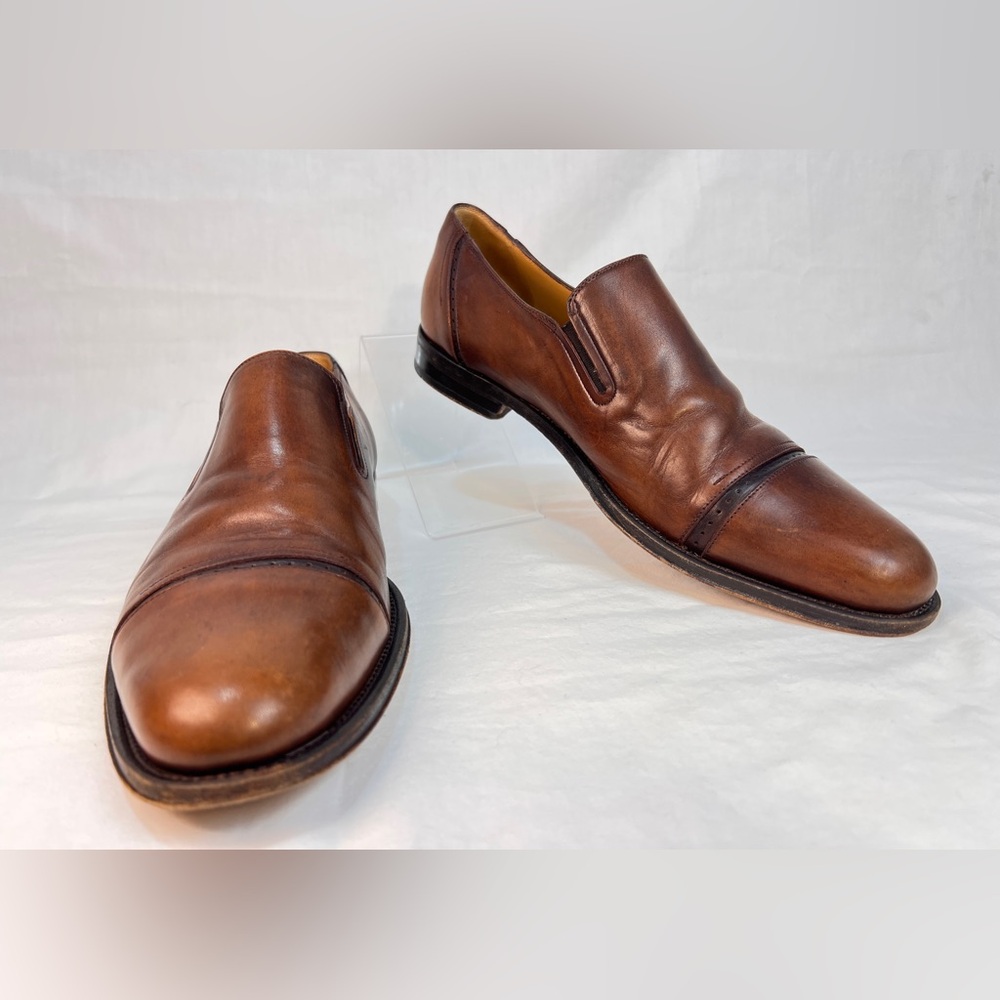 Johnston and Murphy cap toe slip on loafers 
in brown Italian calfskin